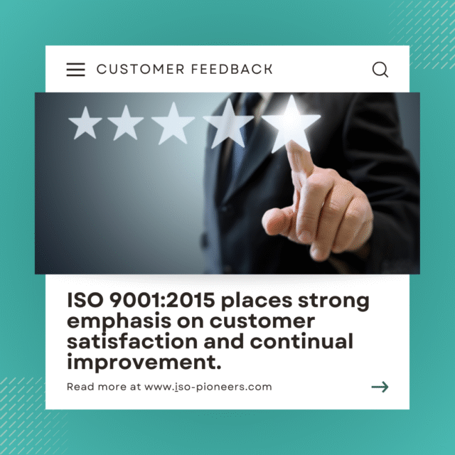 Customer feedback concept showing a business professional selecting a five-star rating, representing ISO 9001:2015 focus on satisfaction and continual improvement.