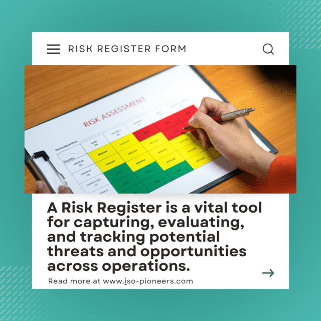 Risk Register Form for recording, evaluating, and tracking operational risks and opportunities in line with ISO 9001:2015.